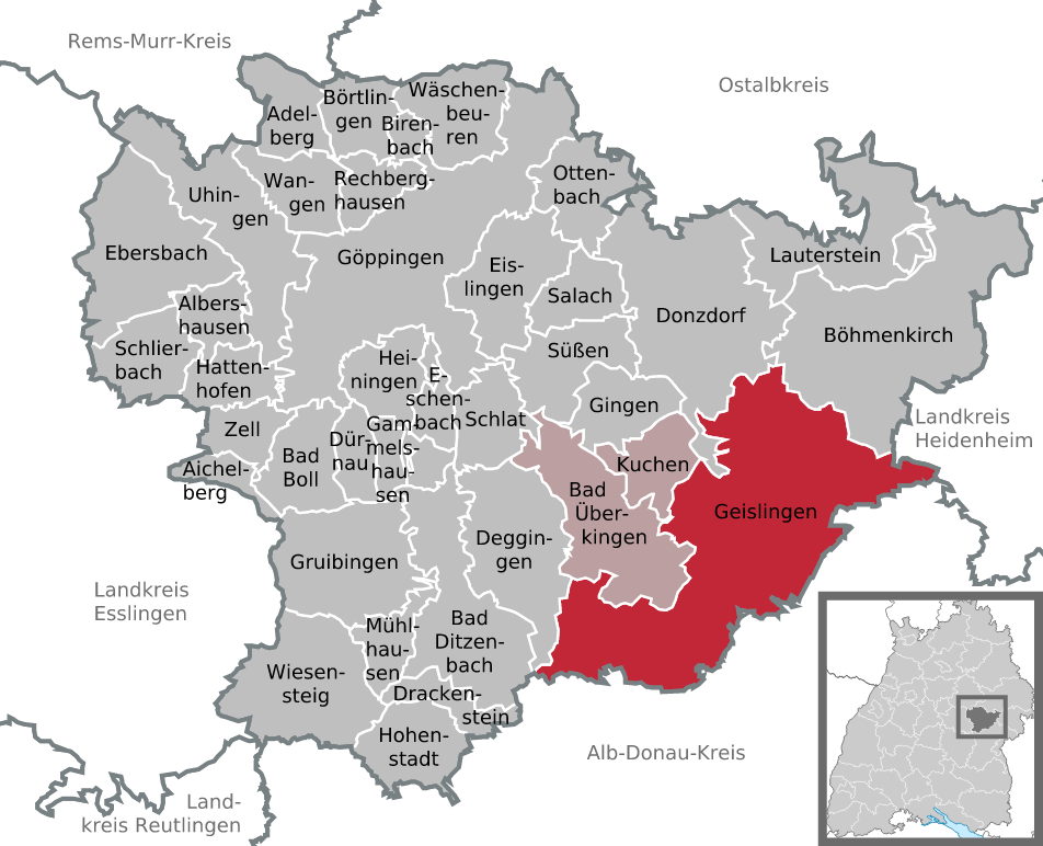 Karte mit der Lage von Geislingen im Landkreis Göppingen